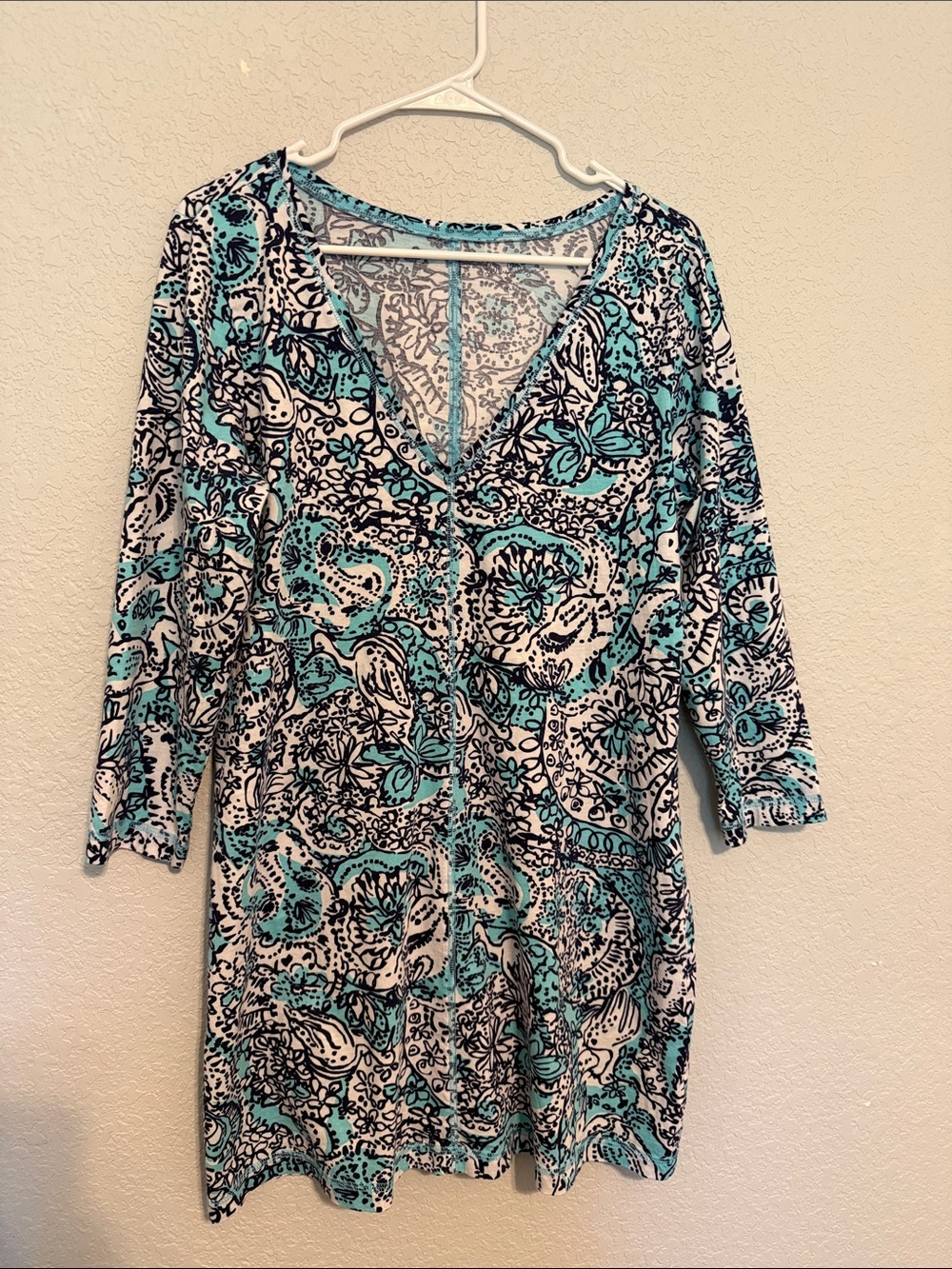 Lilly Pulitzer Turquoise, Blue and White Paisley V-Neck Top